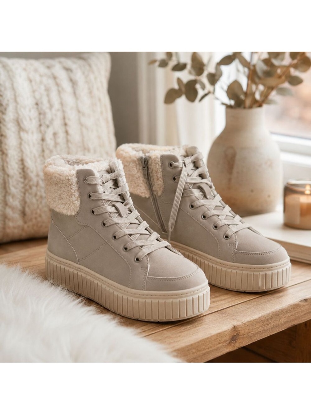 Serra Taupe Faux Sherpa-Lined Platform Ankle Boots